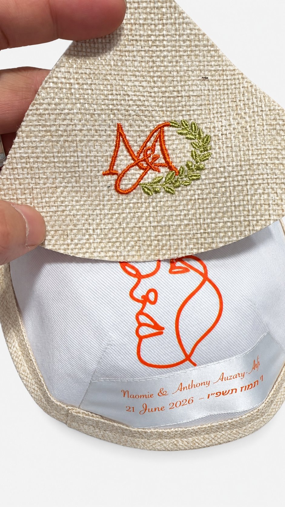 Kippas personnalisées en toile de jute beige pour mariage — 150 pièces