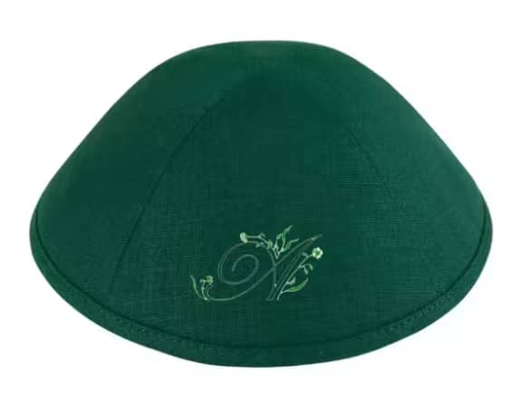 custom cream white /green kippah + crean white shabbat cover