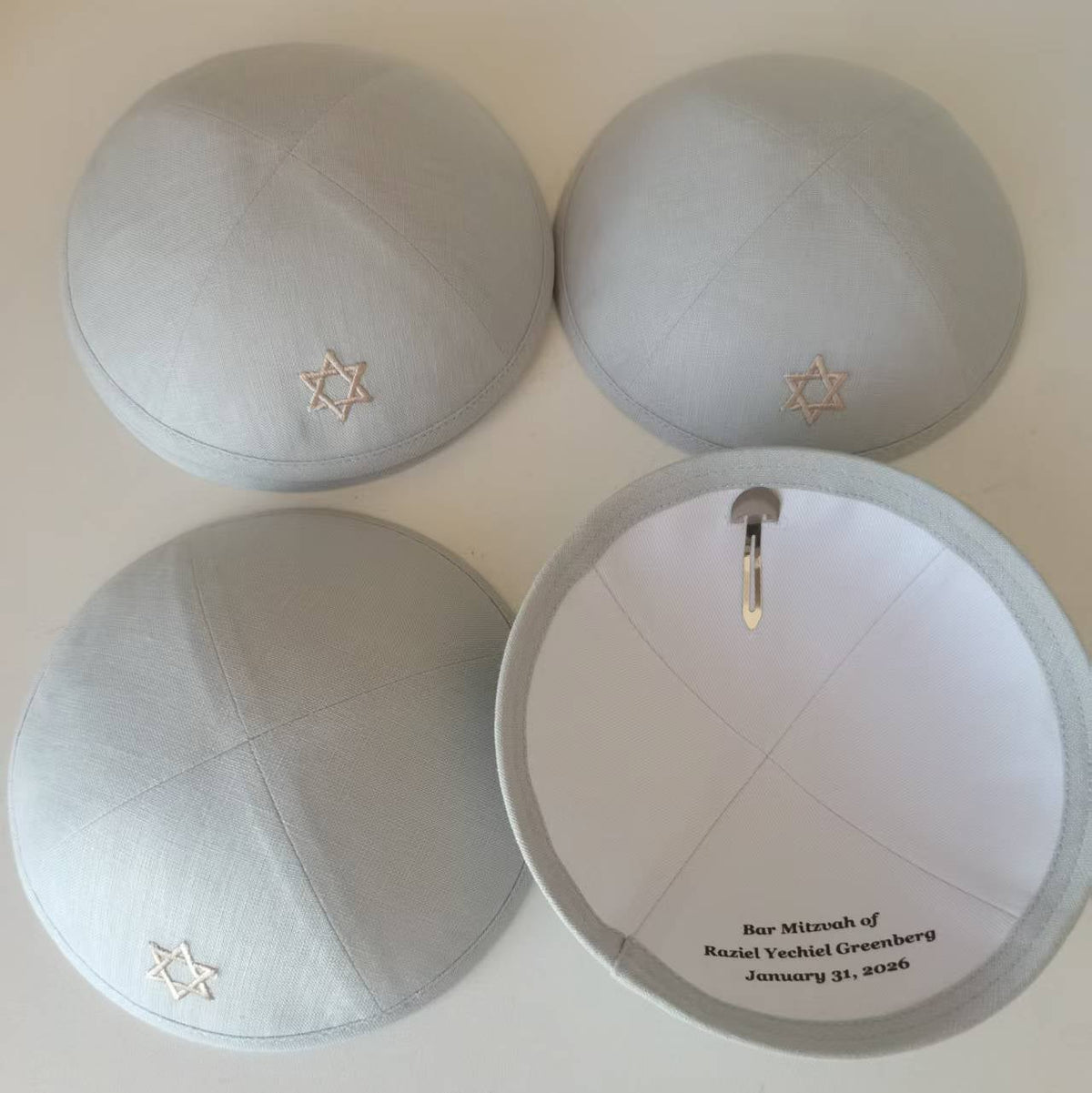 Custom David Star White Linen Kippot Beige Kippah Wedding Kippot,Jewish Yarmulkes Brit Mila with Metal Hair Clip