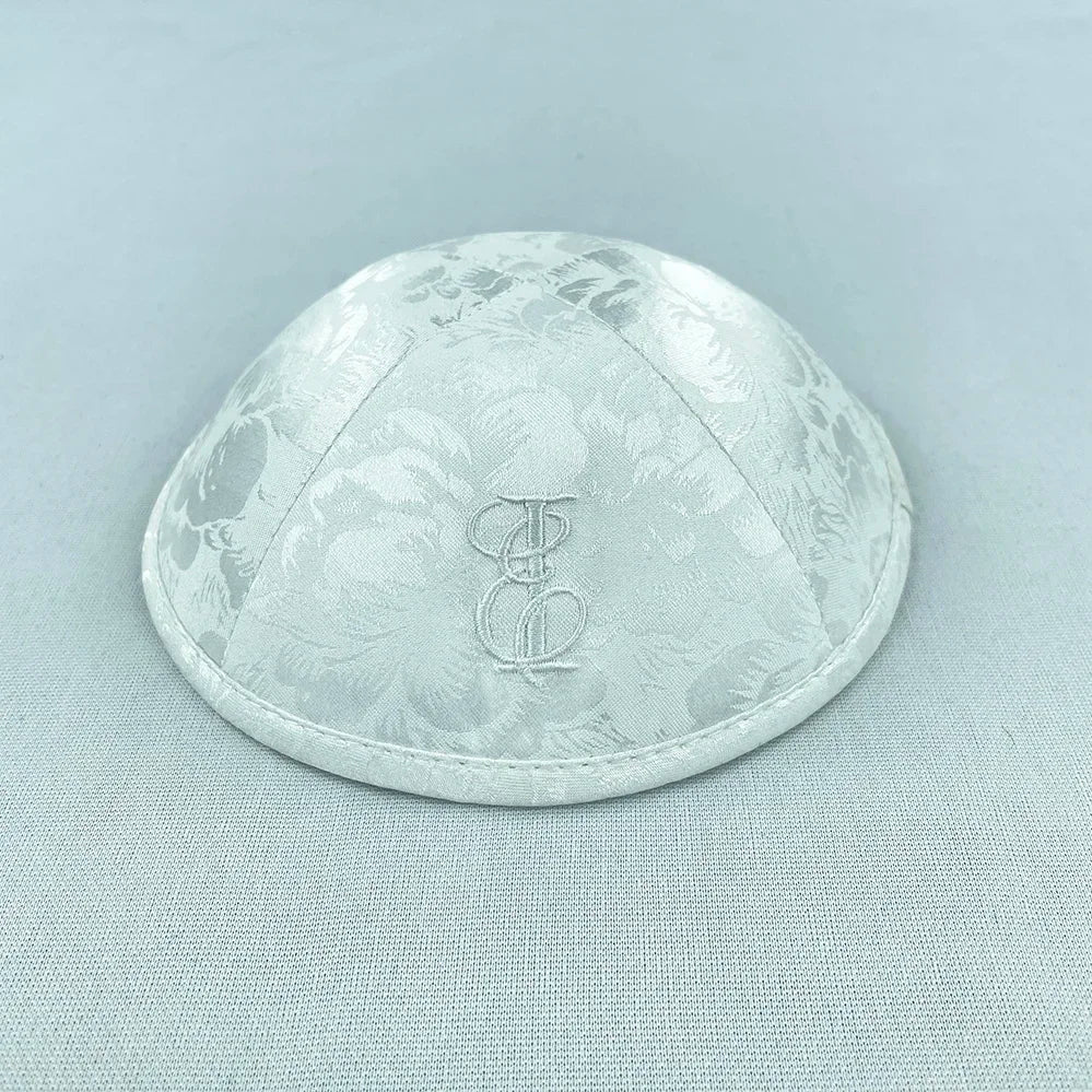 Custom WHITE JACQUARD SATIN KIPPAS WITH LIGHT BLUE EMBROIDERY OF LJ