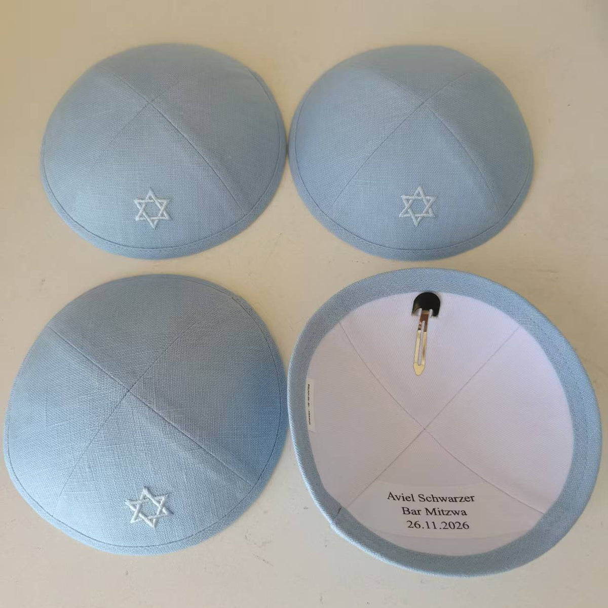 Custom David Star White Linen Kippot Beige Kippah  Wedding Kippot,Jewish Yarmulkes Brit Mila with Metal Hair Clip