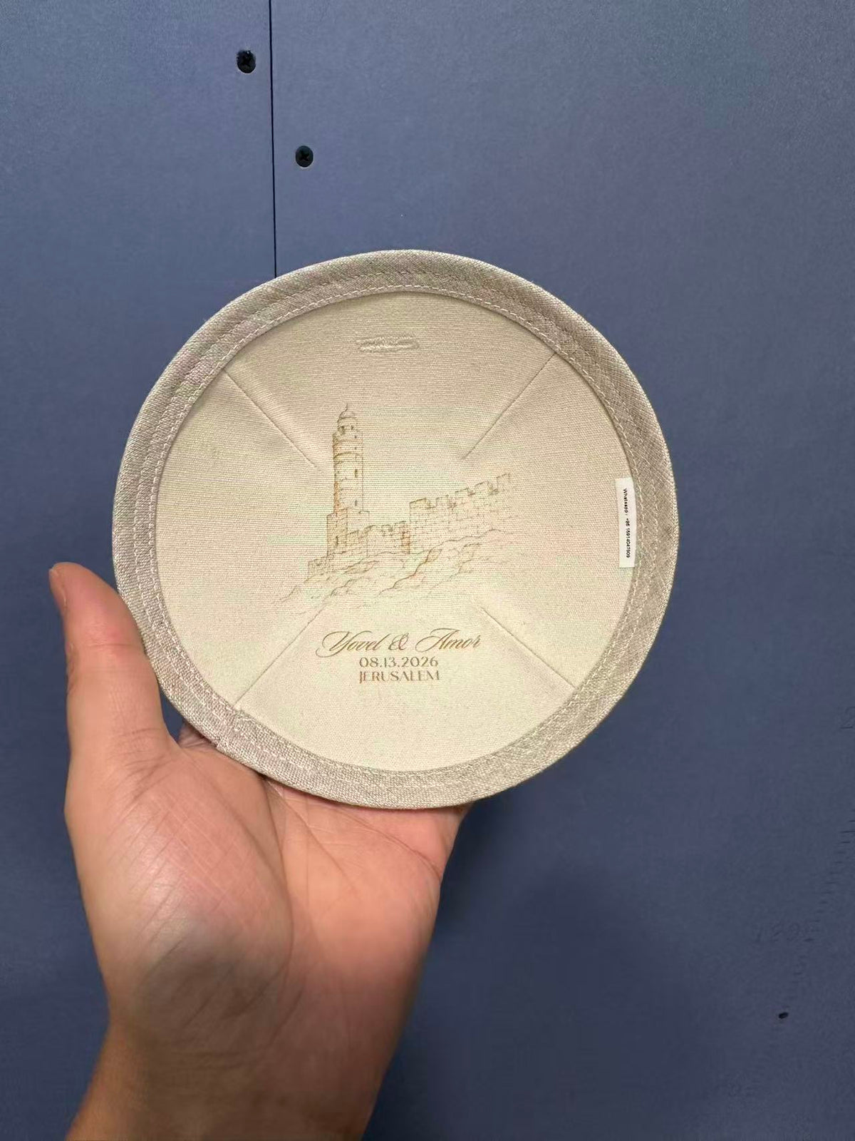Kippas personnalisées en lin beige avec doublure imprimée — 50 pièces