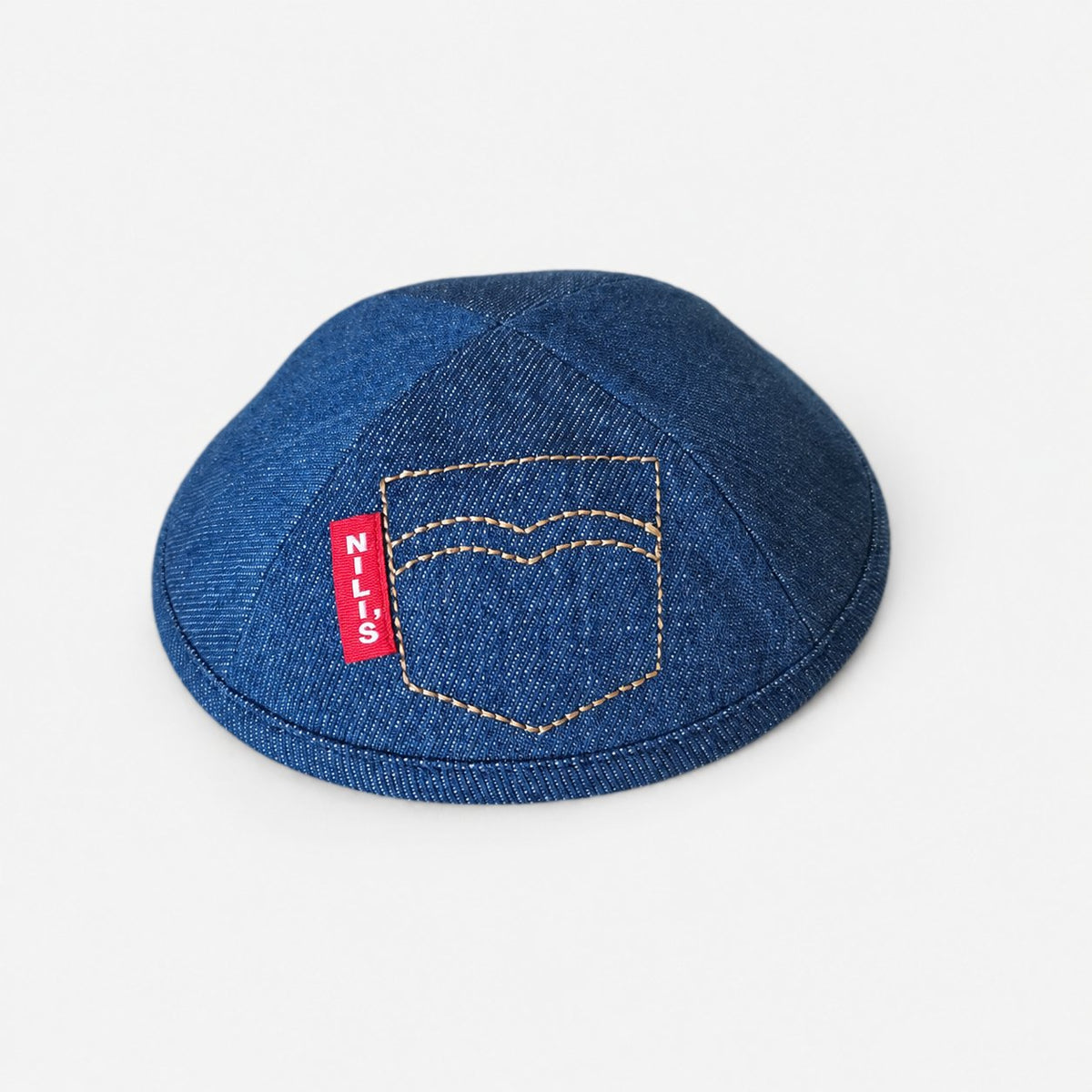 Kippas personnalisées en denim clair, broderie et étiquette tissée rouge — 50 pièces