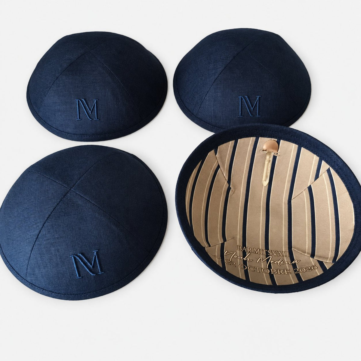 Collection de kippas personnalisées en lin et velours côtelé avec couvre-pain