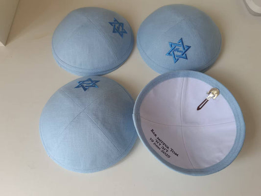Custom Light Blue Linen Kippah for Baby , Wedding KIPPOT,KIPOT,YARMULKA,DENIM, Bar Mitzvh--100pcs/lot