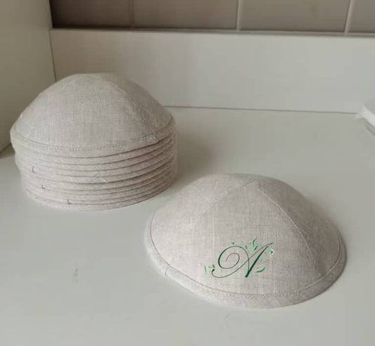 custom cream white /green kippah + crean white shabbat cover