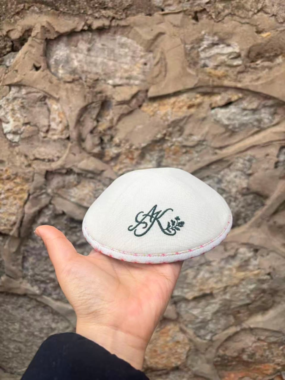 Custom Cream white kippah +flower embroidery +AK + brim print flower ,120pcs jewish wedding kippah