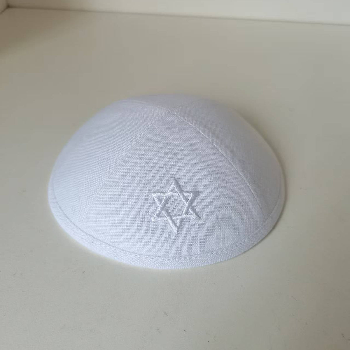 Custom David Star White Linen Kippot Beige Kippah  Wedding Kippot,Jewish Yarmulkes Brit Mila with Metal Hair Clip