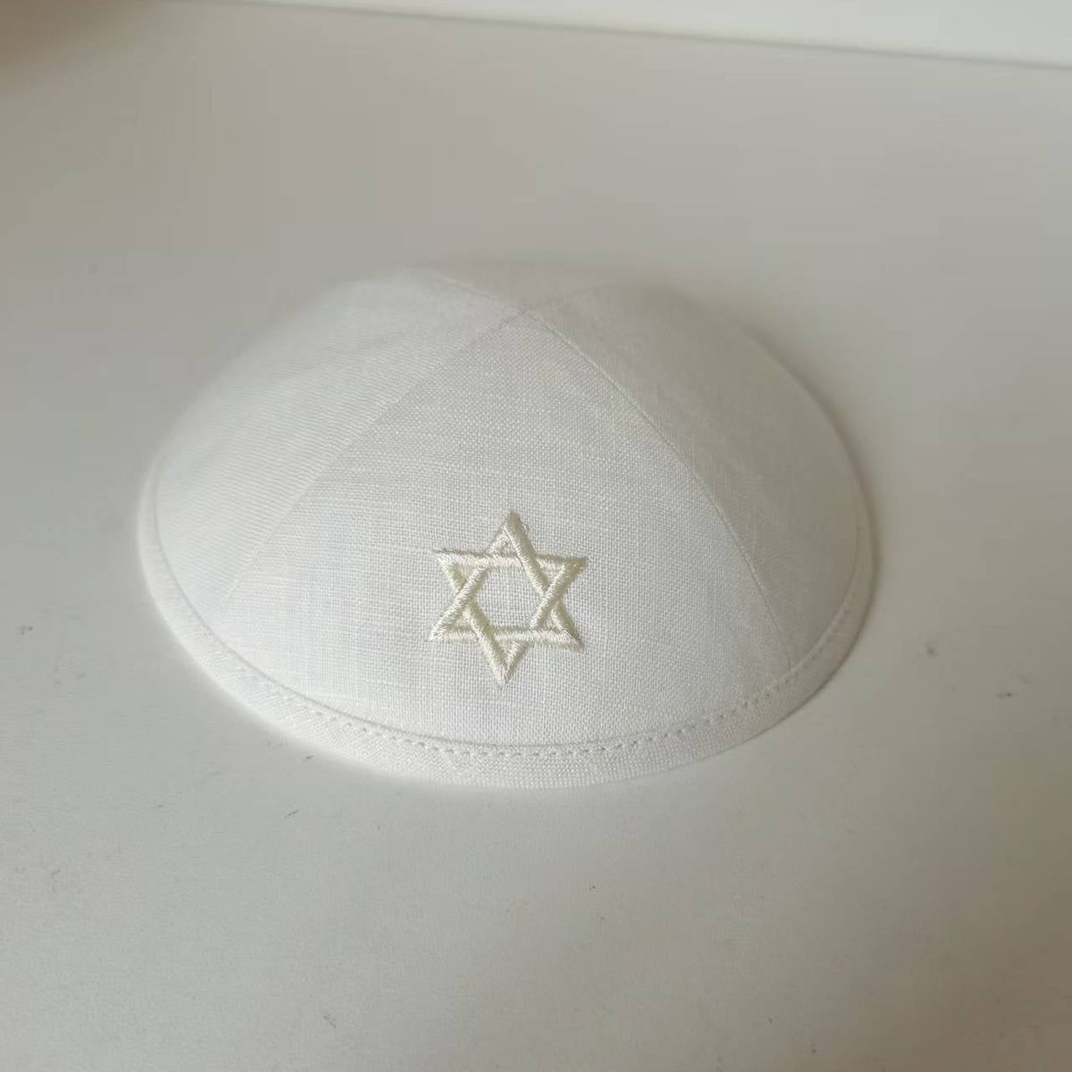 Custom David Star White Linen Kippot Beige Kippah  Wedding Kippot,Jewish Yarmulkes Brit Mila with Metal Hair Clip