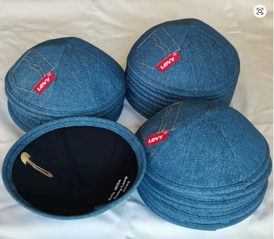 Custom lighter denim kippah+ embroider + red woven label,50pcs
