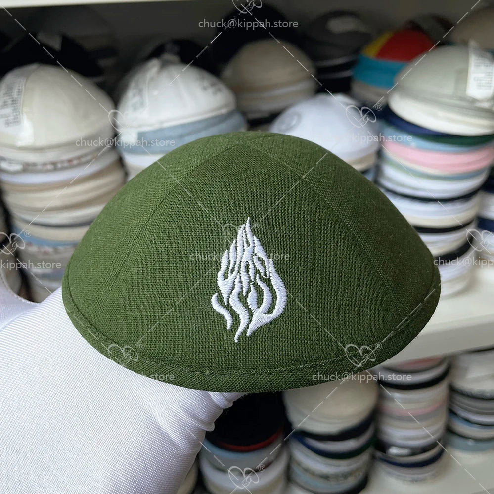 Custom Linen Kippahs Army green khaki linen kipot kippa kipa embroidery