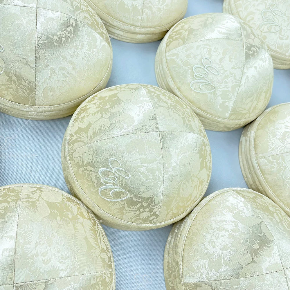 Custom beige jacquard kippahs ALMOND-SATIN KIPA for Wedding