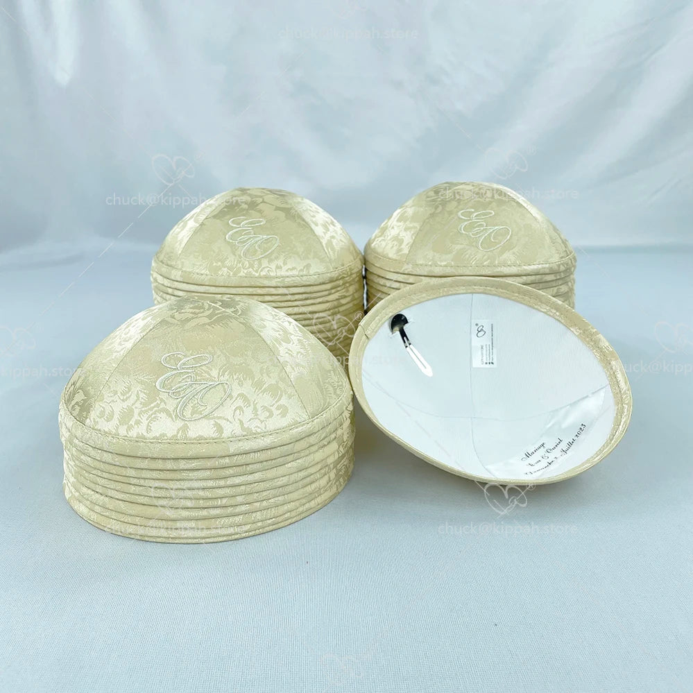 Custom beige jacquard kippahs ALMOND-SATIN KIPA for Wedding