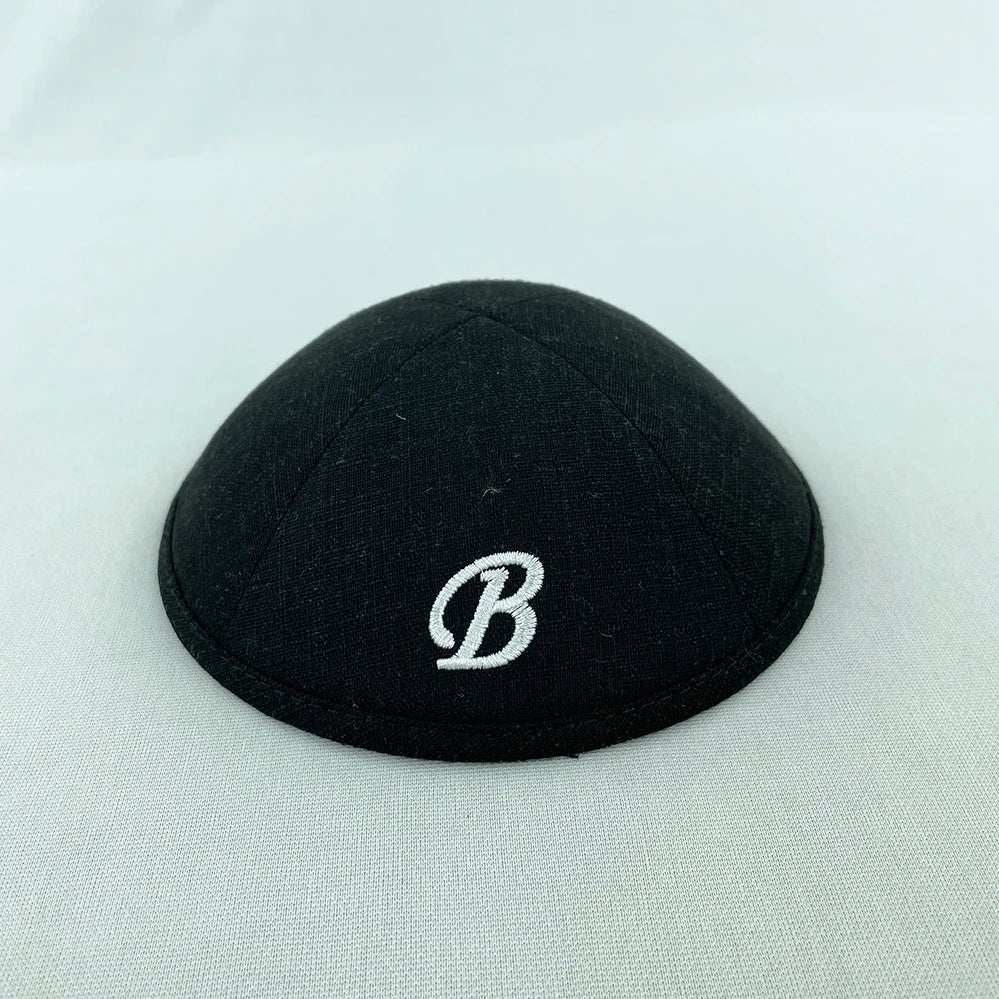 Custom Kippah black linen kippas with embroidery of EZRA