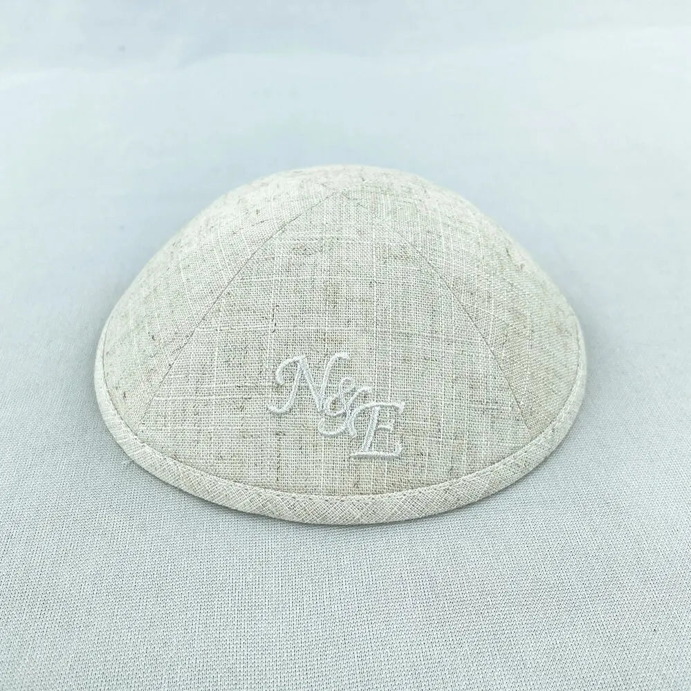 Personlize Beige linen kippas with beige embroidery of ITAMAR