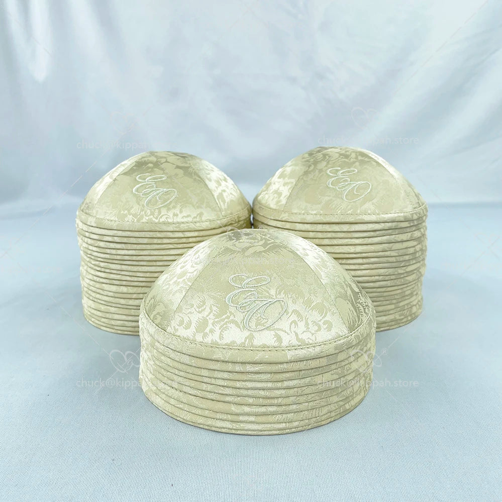 Custom beige jacquard kippahs ALMOND-SATIN KIPA for Wedding