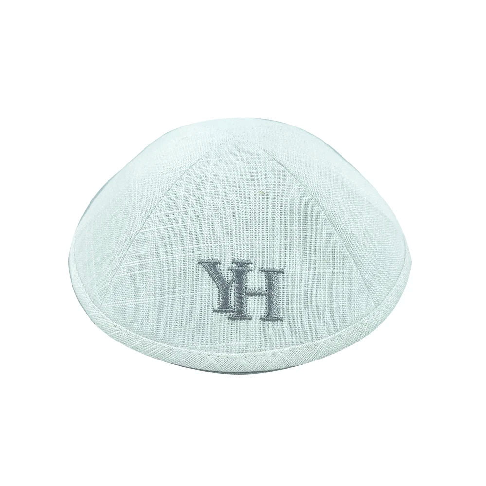 CustomKippah white linen kippa with grey embroidery of God bless you and protect you