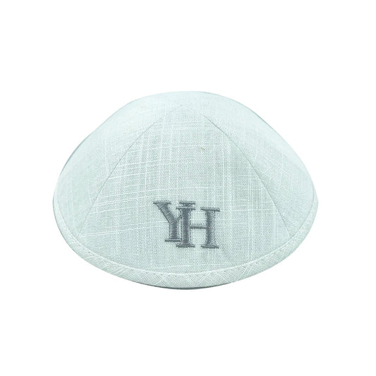 CustomKippah white linen kippa with grey embroidery of God bless you and protect you