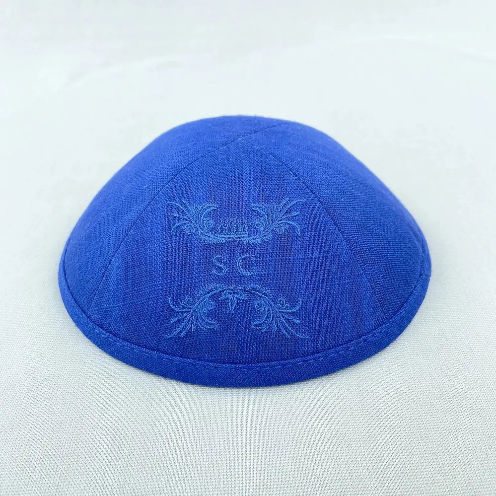 Custom royal blue linen kippah ,Wedding kippot,LINEN DELUXE JEWISH YARMULKE