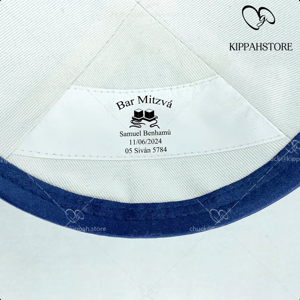 Custom navy satin kippas, white satin kippahs and beige linen kippots