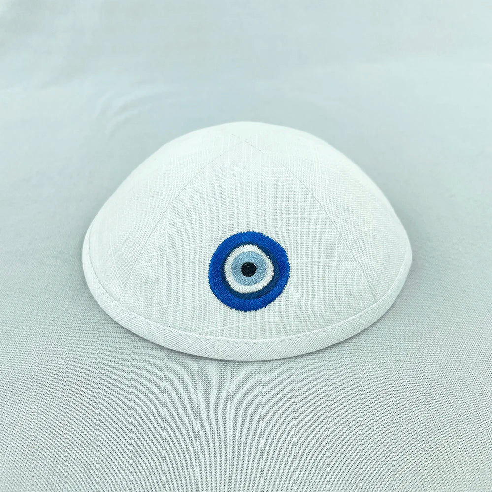 Custom white linen kippa with  embroidery of God bless you and protect you