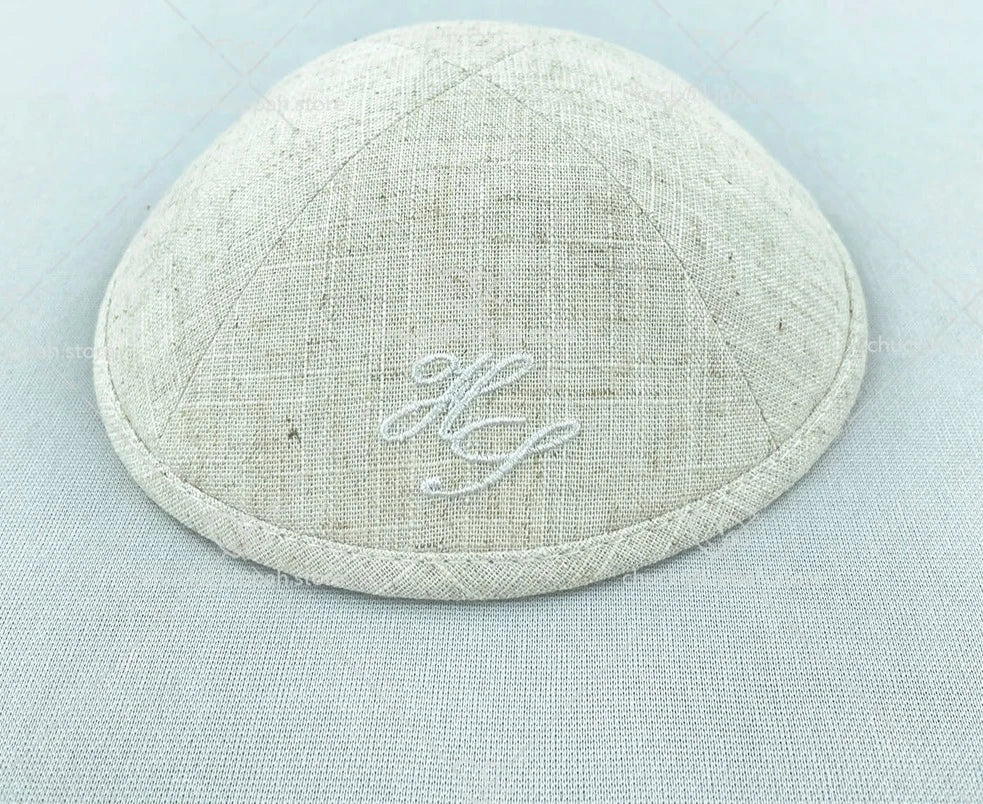 Custom Top Kippah Beige Linen Kippots, LJ, Green Leaves Pattern LJ, Embroidery Pattern