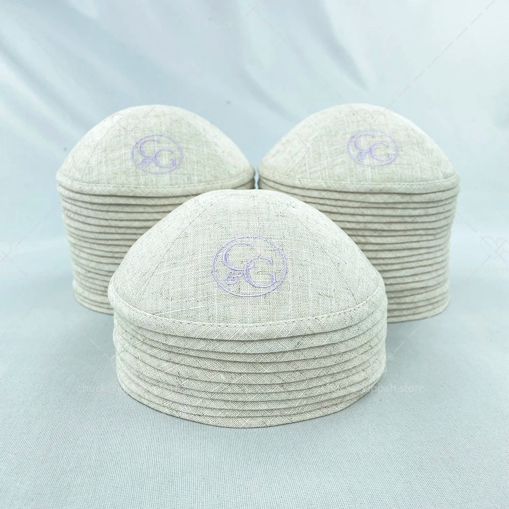 Custom light purple Kippah beige embroidery and purple pattern lining beige linen kippahs