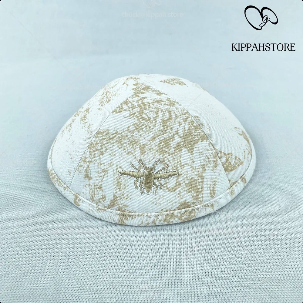 Ivory linen kippas, beige pattern kippah manufacturer