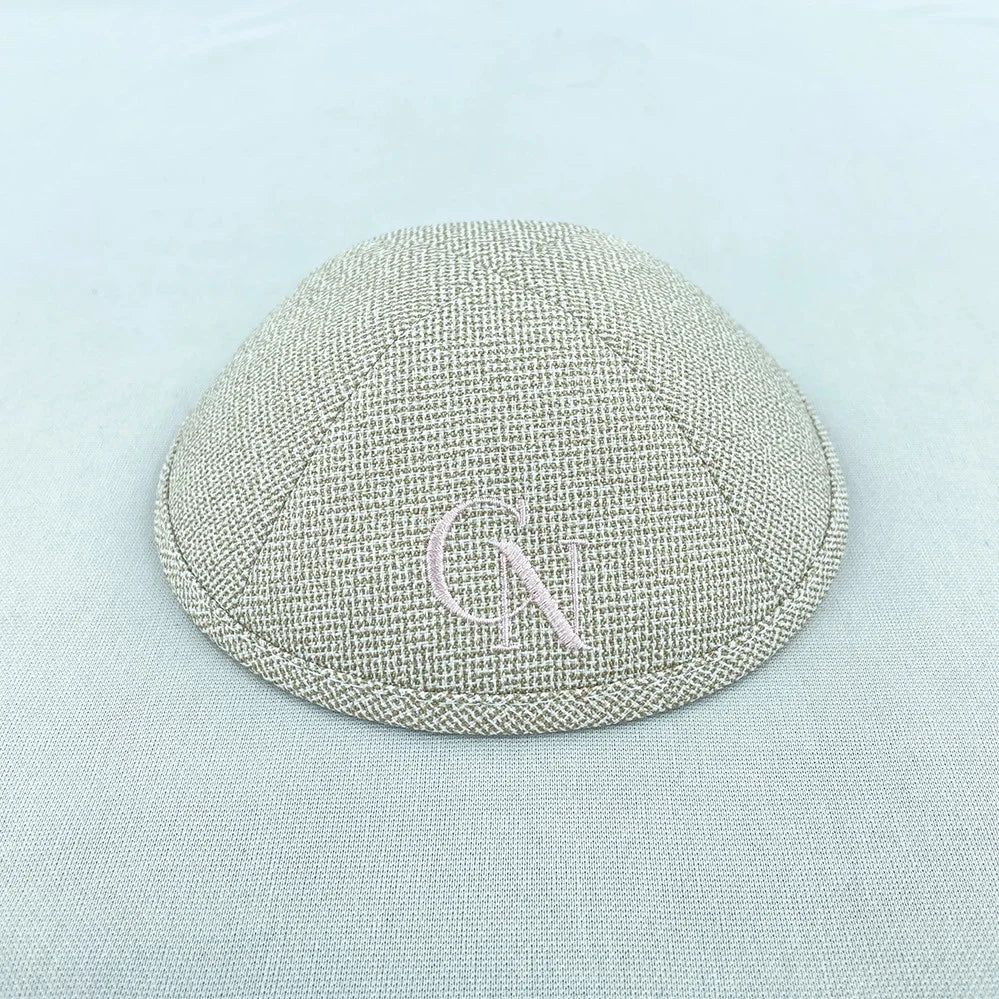 Custom Kippah beige grey mesh burlap kippots with white embroidery of David Star