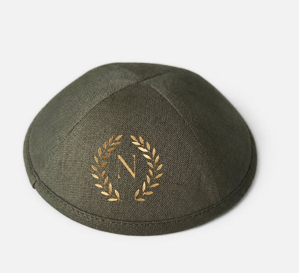 Kippas personnalisées en lin vert olive — 100 pièces