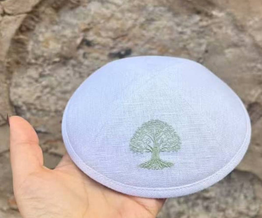 Custom white linen kippah+ light green tree embroidery ,jewish kippah for wedding ,bar mitzvha 180pcs/lot