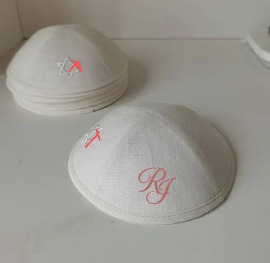 Custom cream white linen kippah for wedding 100pcs/lot