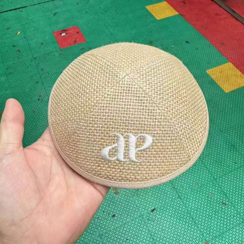Custom Kippah beige mesh burlap kippots with white embroidery of David Star--100pcs