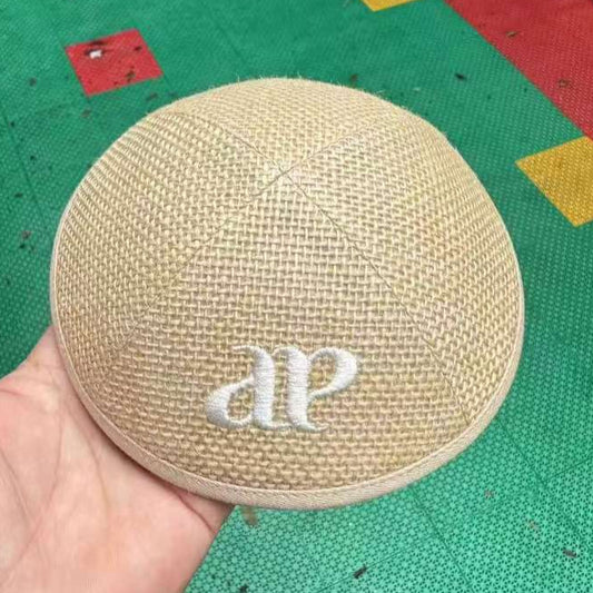 Custom Kippah beige mesh burlap kippots with white embroidery of David Star--100pcs