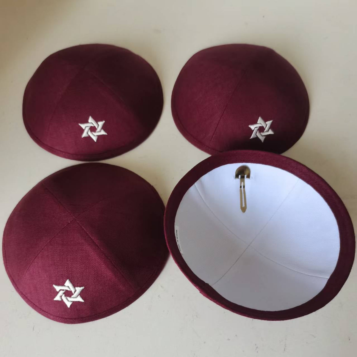 Custom David Star White Linen Kippot Beige Kippah  Wedding Kippot,Jewish Yarmulkes Brit Mila with Metal Hair Clip