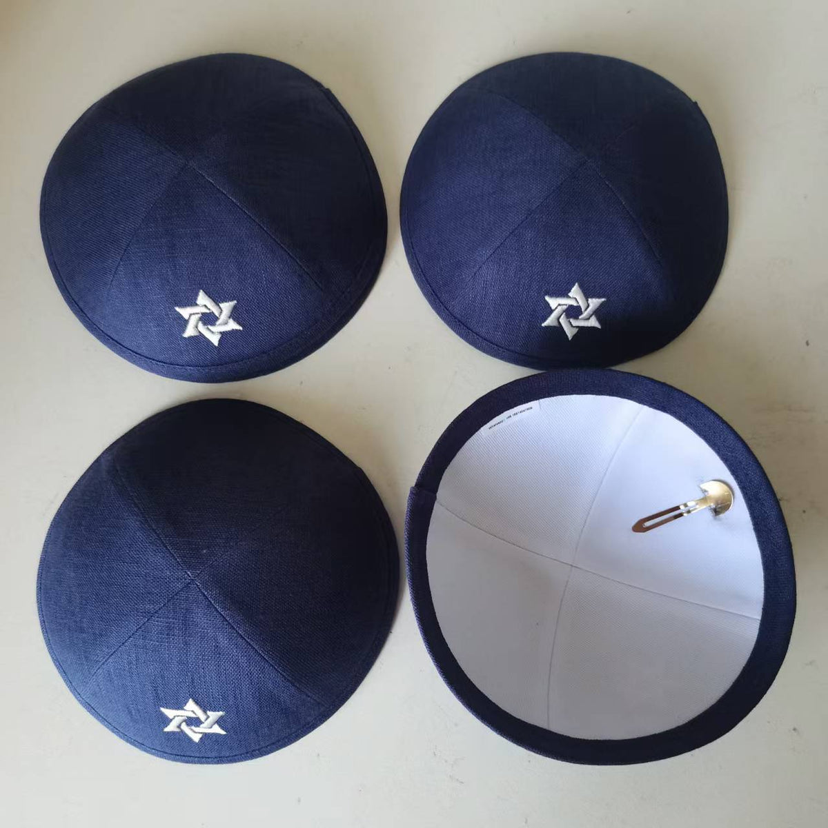 Custom David Star White Linen Kippot Beige Kippah  Wedding Kippot,Jewish Yarmulkes Brit Mila with Metal Hair Clip